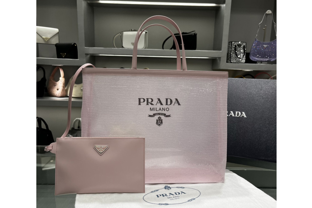 Prada 1BG416 Sequined mesh tote bag in Pink Fabric/Leather