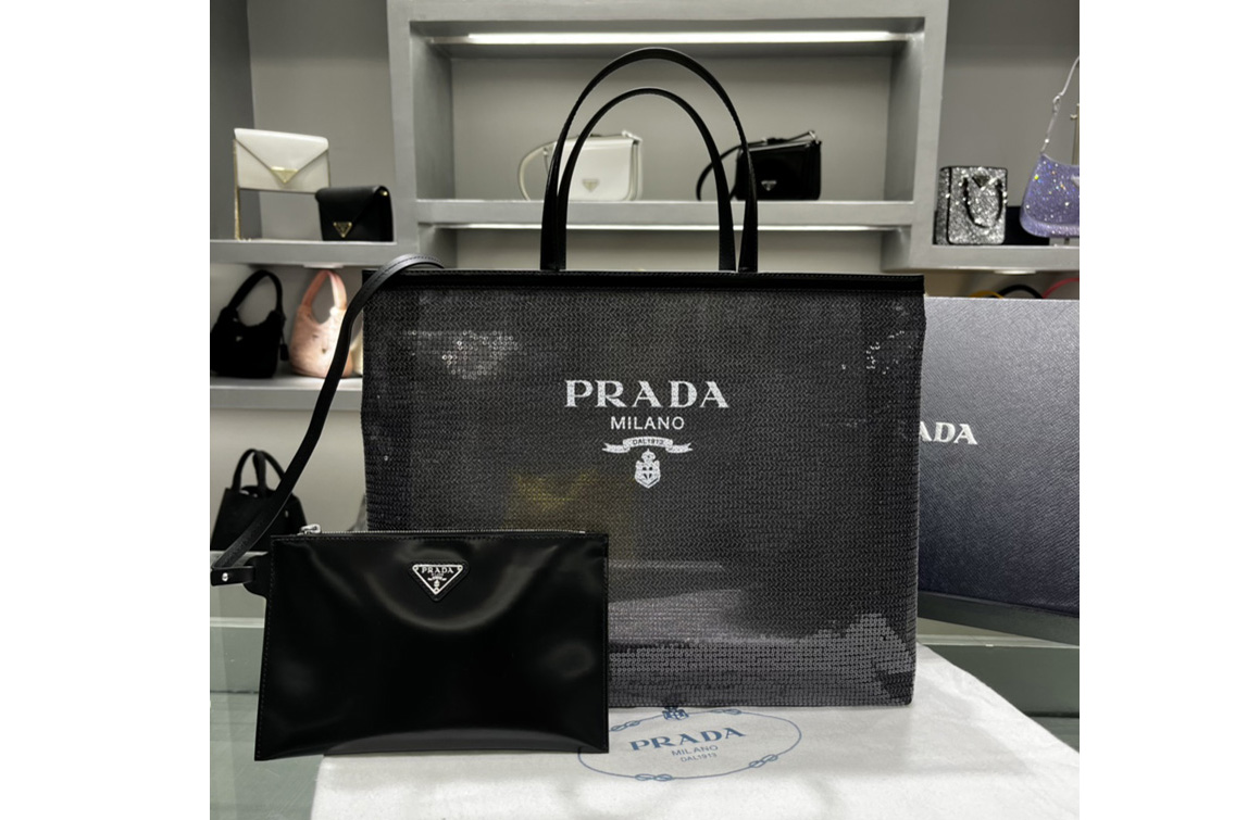 Prada 1BG416 Sequined mesh tote bag in Black Fabric/Leather