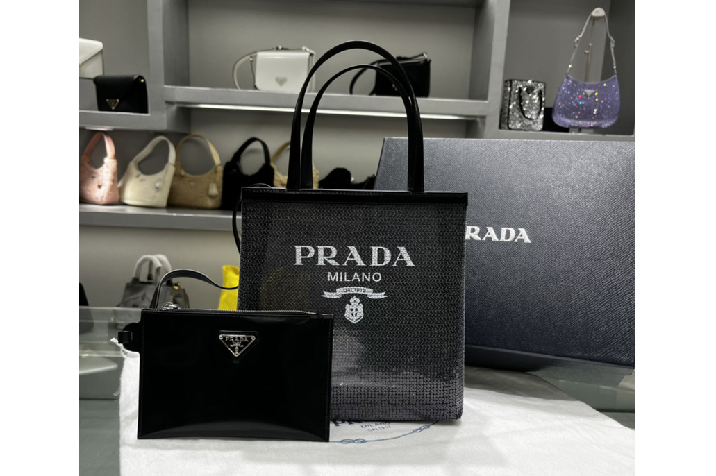 Prada 1BG417 Small sequined mesh tote bag in Black Fabric/Leather