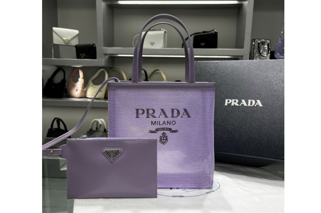 Prada 1BG417 Small sequined mesh tote bag in Lily Fabric/Leather