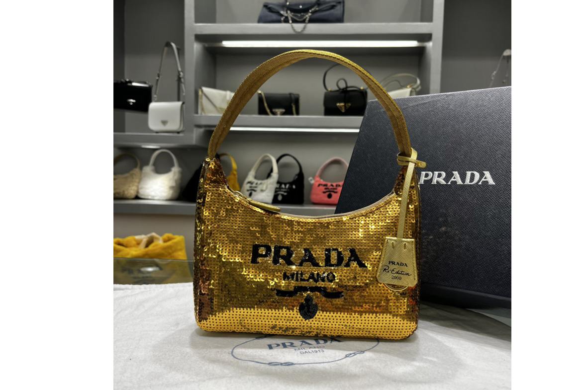 Prada 1NE515 Re-Edition 2000 sequined Re-Nylon mini-bag in Black/Gold Fabric