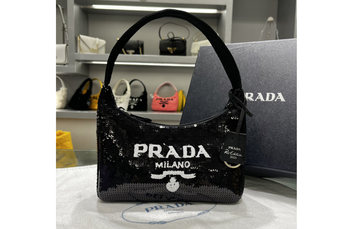 Prada 1NE515 Re-Edition 2000 sequined Re-Nylon mini-bag in Black/White Fabric