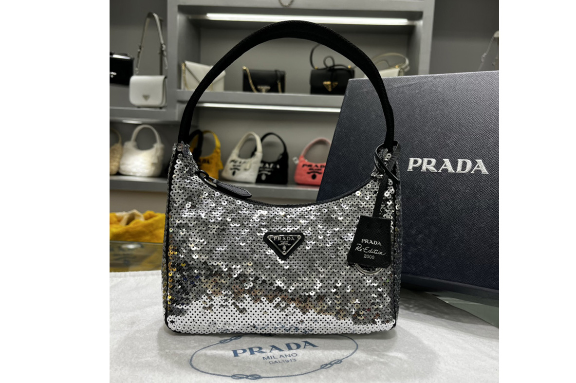 Prada 1NE515 Re-Edition 2000 sequined Re-Nylon mini-bag in Silver Fabric