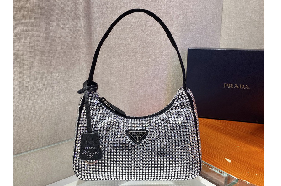 Prada 1NE515 Satin mini-bag with artificial crystals in Black Fabric