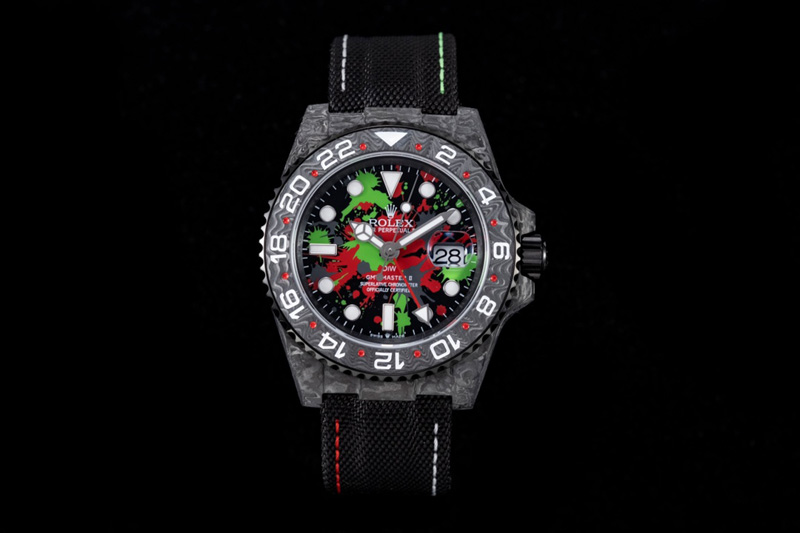 Rolex GMT DIW Carbon OMF Best Edition All Black/Red/Green Black Dial on Black Nylon Strap SA3186 CHS