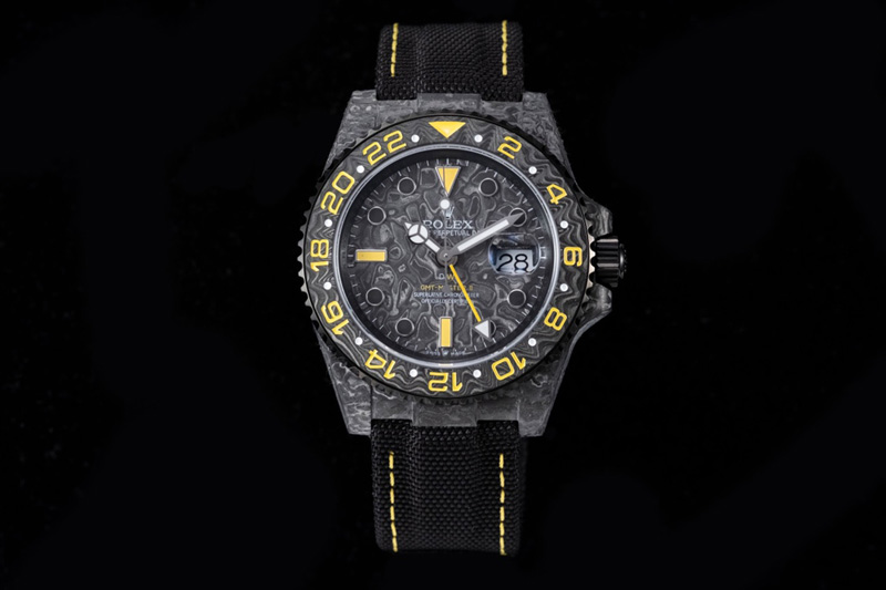Rolex GMT DIW Carbon OMF Best Edition Black/Yellow Black Dial on Black Nylon Strap SA3186 CHS