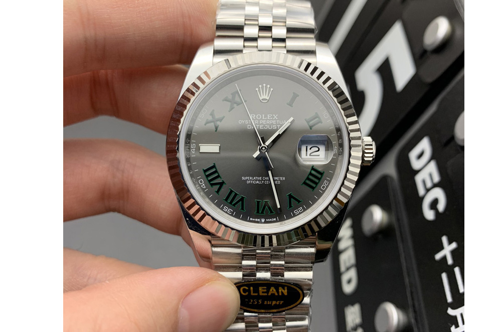 Rolex Datejust 41 SS 904L Steel Clean 1:1 Best Edition Gray Dial Green Roman on SS Bracelet VR3235