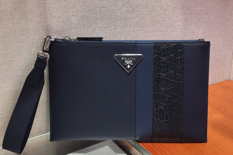 Prada 2NG005G Saffiano Leather Clutch in Navy Blue/Blue Leather