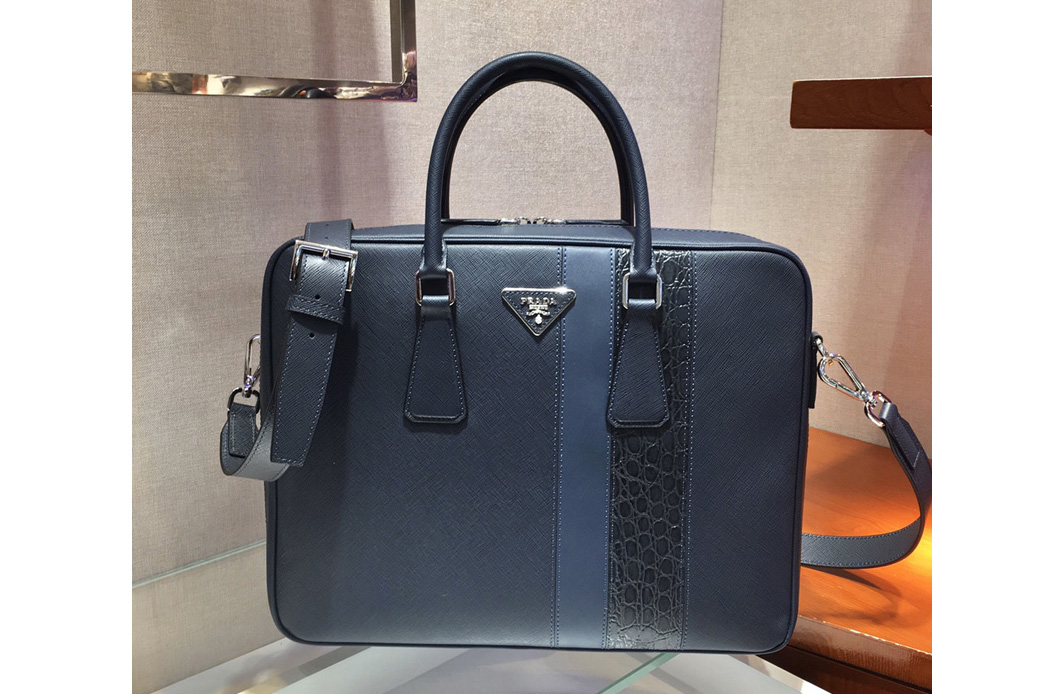 Prada 2VE011D Saffiano Leather Work Bag in Navy Blue/Blue Leather