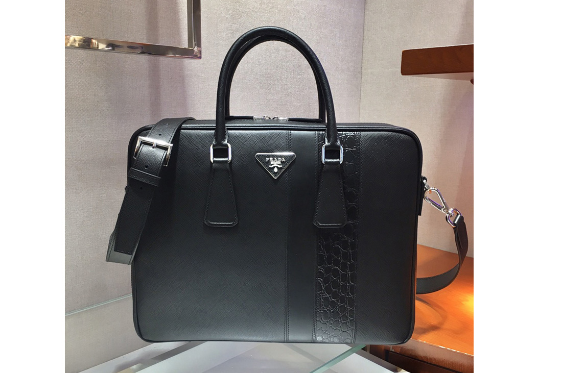 Prada 2VE011D Saffiano Leather Work Bag in Black Leather