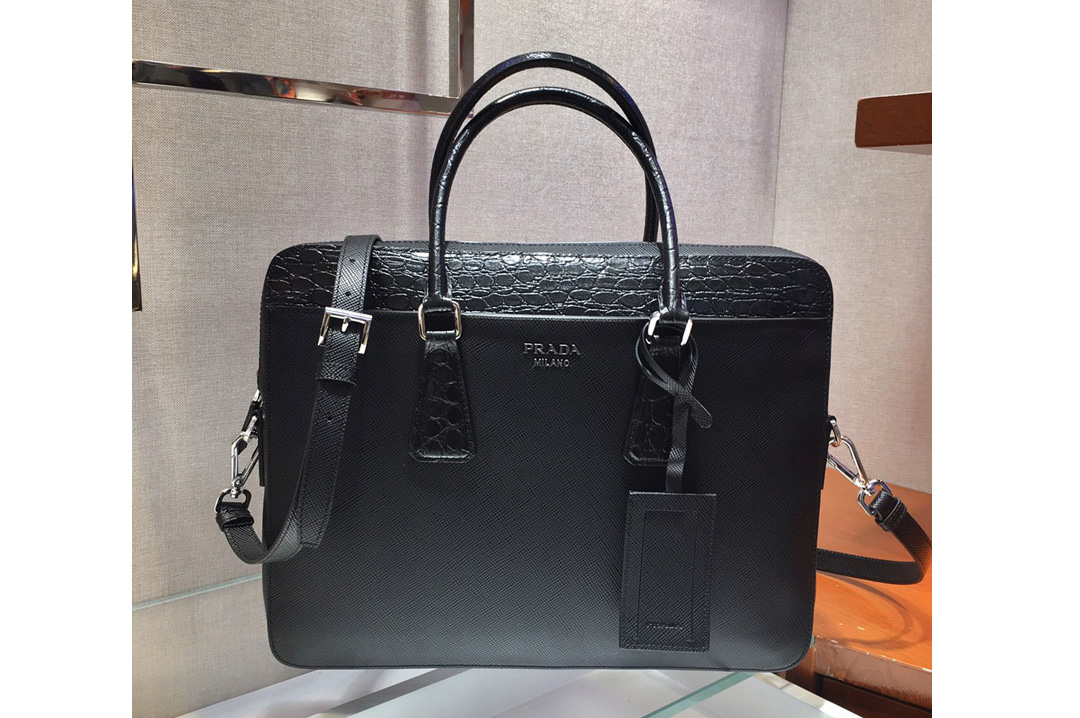 Prada 2VE368D Saffiano Leather Work Bag in Black Leather