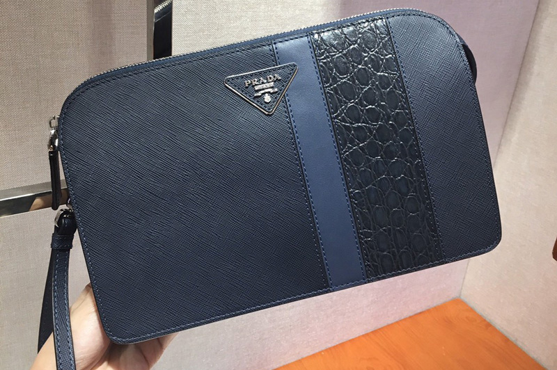 Prada 2VF056D Saffiano Leather Clutch in Navy Blue/Blue Leather