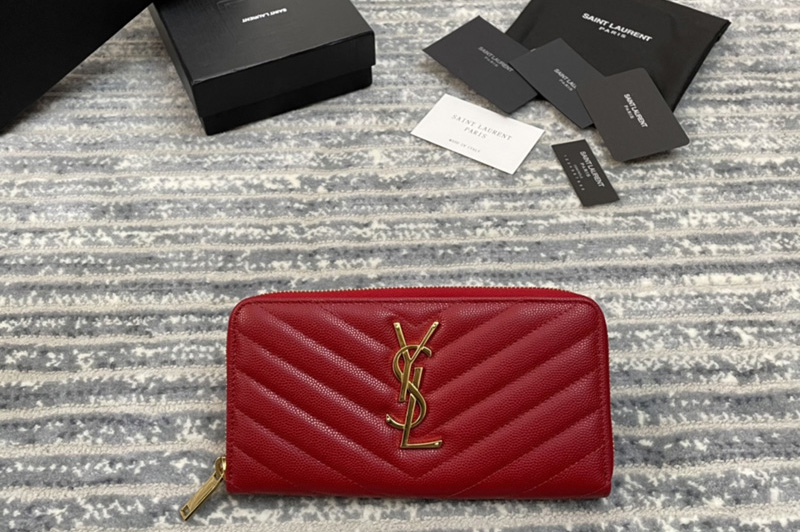 Saint Laurent 358094 YSL Monogram Zip Around Wallet in Red Grain de Poudre Embossed Leather With Gold YSL