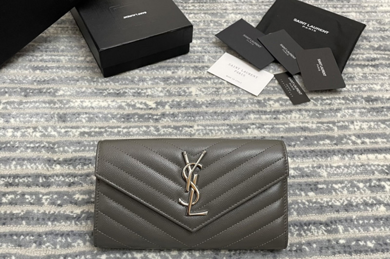Saint Laurent 372264 YSL Monogram Large Flap Wallet in Gray Grain de Poudre Embossed Leather With Silver YSL