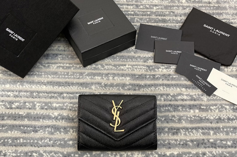 Saint Laurent 414404 YSL Small Monogram Envelope Wallet Black Grain de Poudre Embossed Leather With Gold YSL