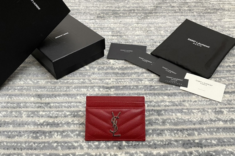 Saint Laurent 423291 YSL Monogram Card Case In Red Grain de Poudre Embossed Leather Silver YSL