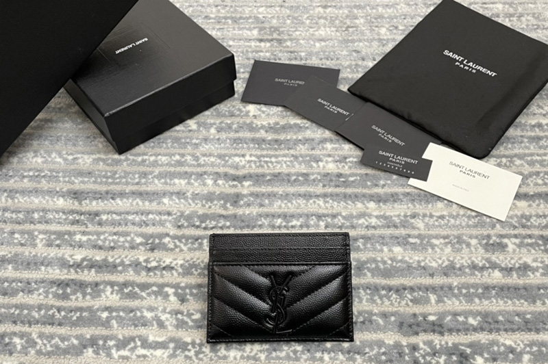 Saint Laurent 423291 YSL Monogram Card Case In Black Grain de Poudre Embossed Leather Black YSL