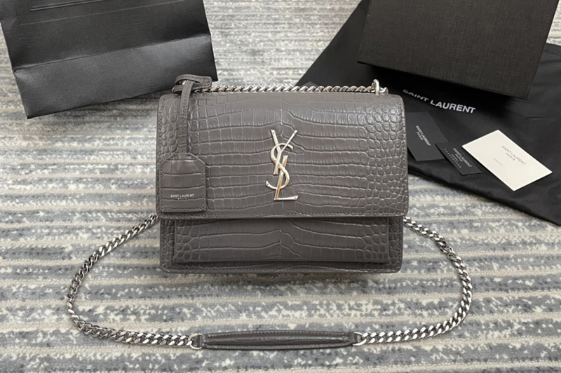 YSL 442906 Saint Laurent Medium Sunset Monogram Bag in Gray Crocodile Leather With Silver Hardware