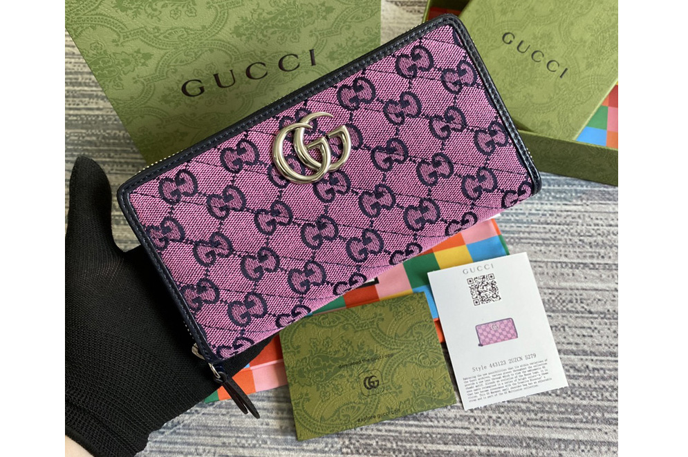 Gucci ‎443123 GG Marmont Multicolor zip around wallet in Pink and blue diagonal matelassé GG canvas
