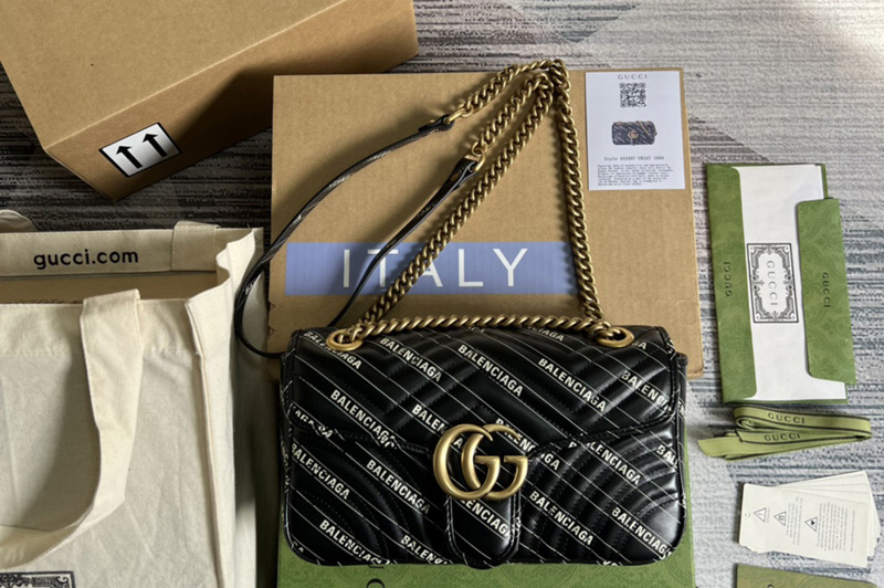 Gucci x Balenciaga ‎443497 The Hacker Project small GG Marmont bag in Black Balenciaga print white leather