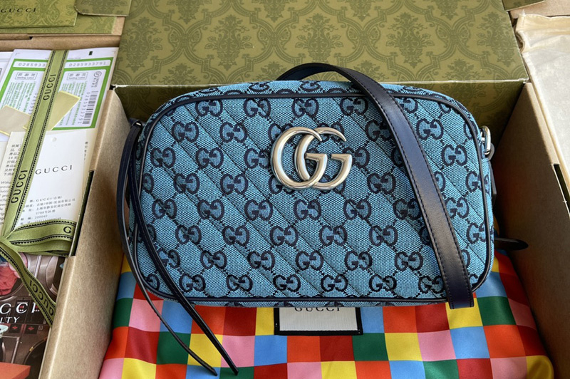 Gucci 447632 GG Marmont Multicolor small shoulder bag in Blue diagonal matelassé GG canvas