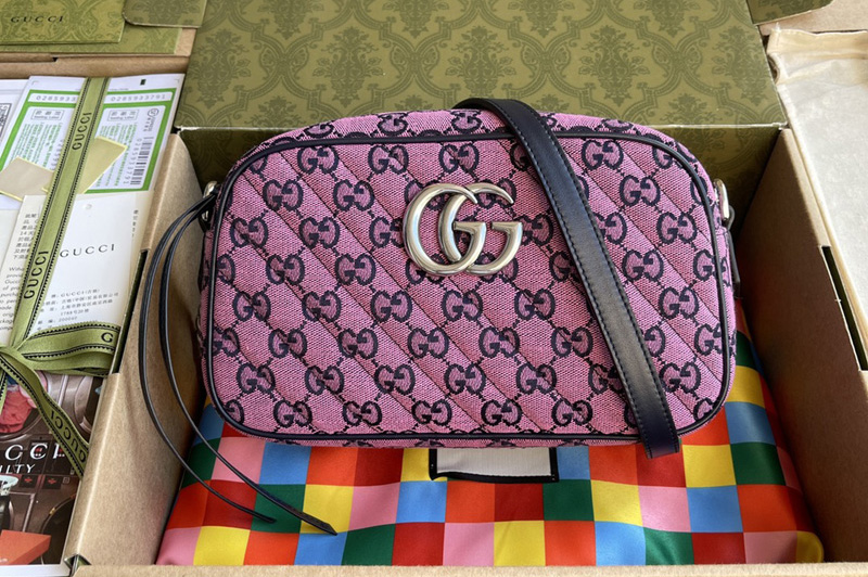 Gucci 447632 GG Marmont Multicolor small shoulder bag in Pink diagonal matelassé GG canvas