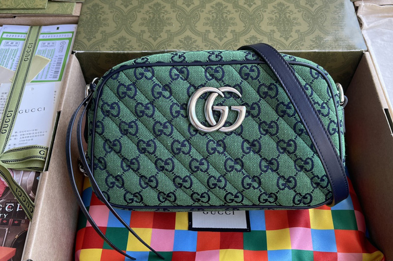 Gucci 447632 GG Marmont Multicolor small shoulder bag in Green diagonal matelassé GG canvas
