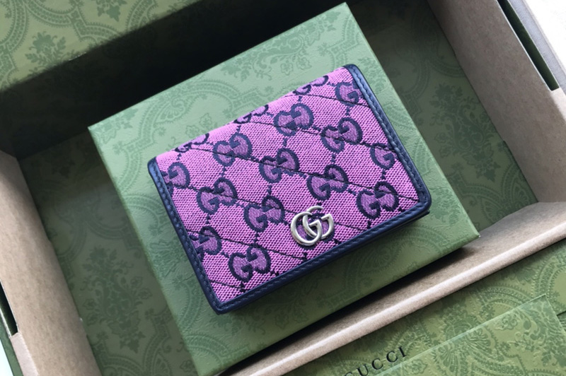 Gucci ‎466492 GG Marmont Multicolor case wallet in Pink and blue diagonal matelassé GG canvas