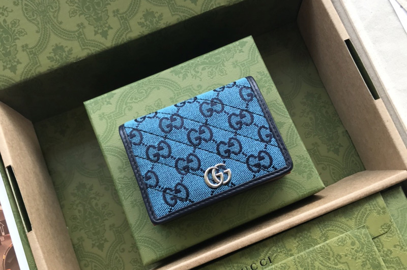 Gucci ‎466492 GG Marmont Multicolor case wallet in Light blue and blue diagonal matelassé GG canvas