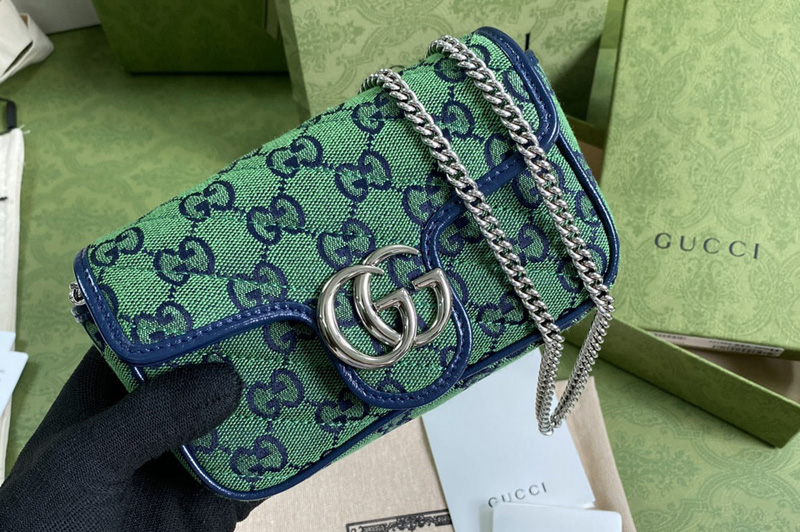Gucci 476433 GG Marmont Multicolor super mini bag in Green diagonal matelassé GG canvas
