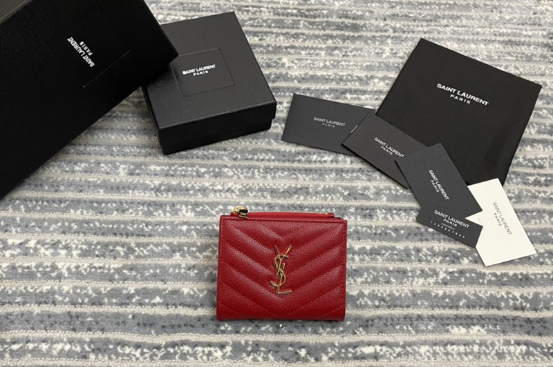 Saint Laurent 517045 YSL Monogram Zipped Card Case in Red Grain de Poudre Embossed Leather Gold YSL