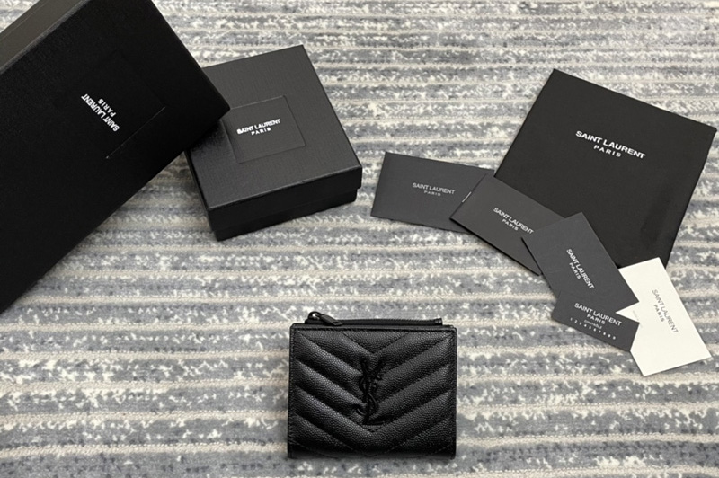 Saint Laurent 517045 YSL Monogram Zipped Card Case in Black Grain de Poudre Embossed Leather Black YSL