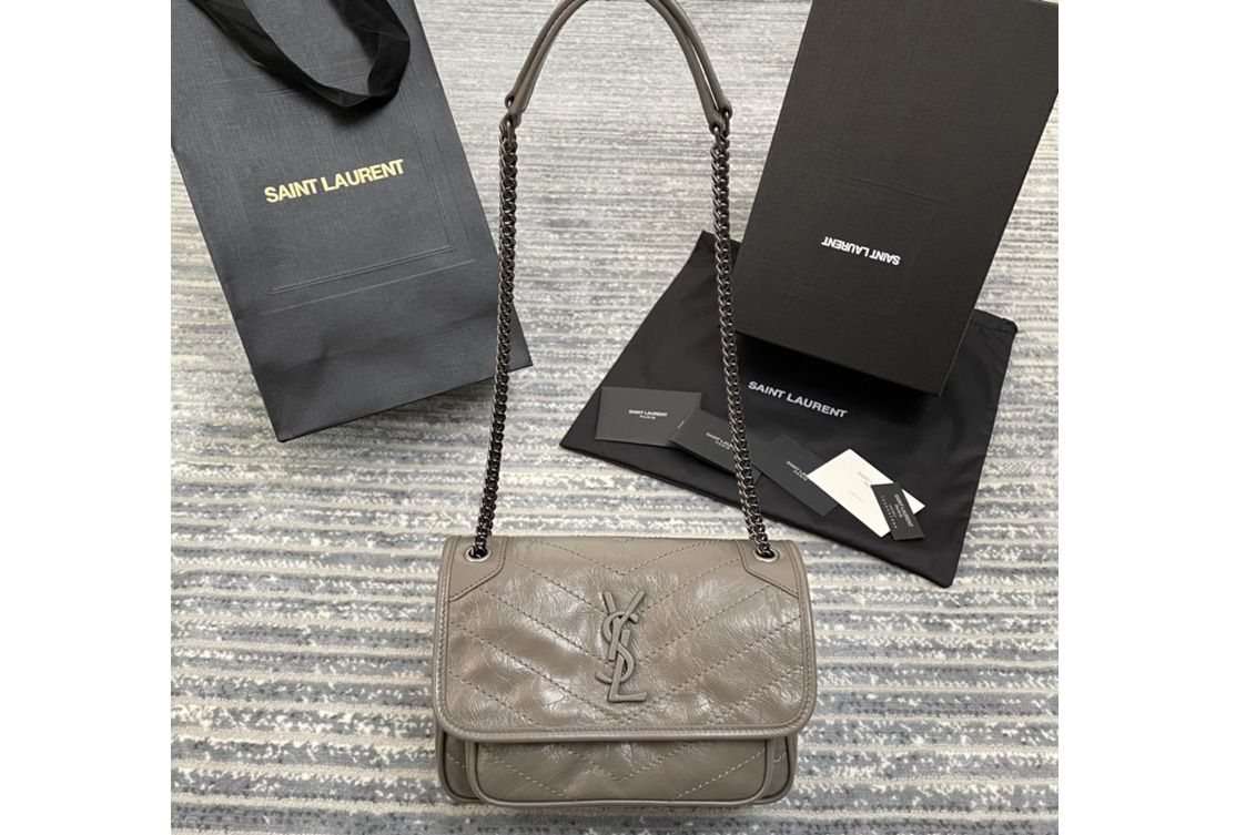 Saint Laurent 533037 YSL niki baby Bag in Gray crinkled vintage leather