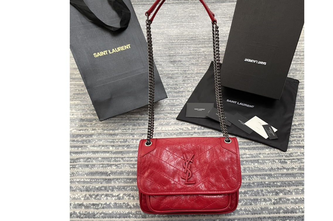 Saint Laurent 533037 YSL niki baby Bag in Red crinkled vintage leather
