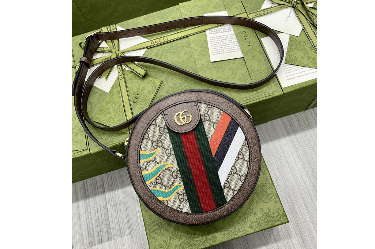 Gucci ‎574978 Round shoulder bag with Double G in Beige and ebony GG Supreme canvas with stripes and flames print