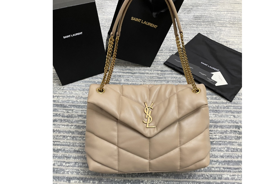 Saint Laurent 577475 YSL Loulou Puffer Medium Bag in Beige Quilted Lambskin Leather Gold Hardware