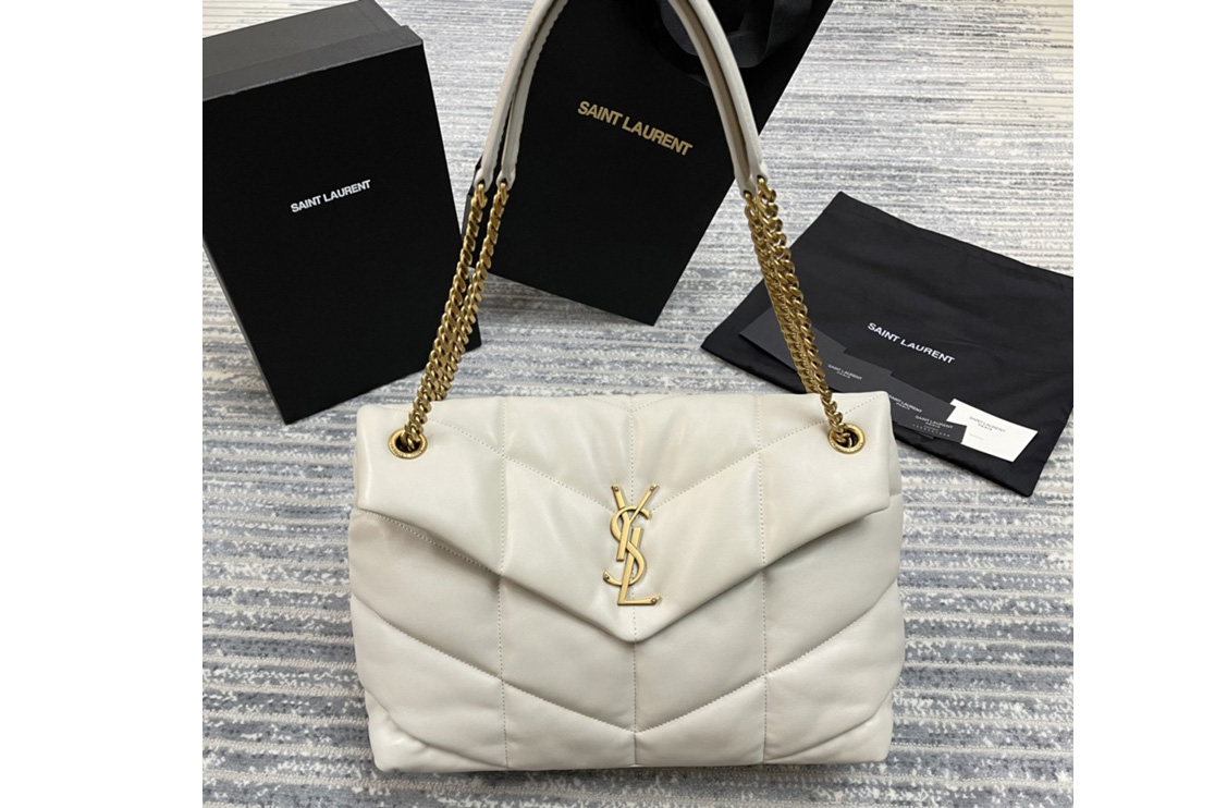 Saint Laurent 577475 YSL Loulou Puffer Medium Bag in White Quilted Lambskin Leather Gold Hardware
