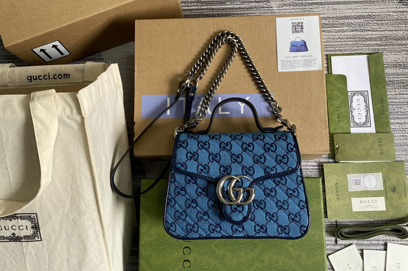 Gucci 583571 GG Marmont Multicolor mini top handle bag in Light Blue and blue diagonal matelassé GG canvas