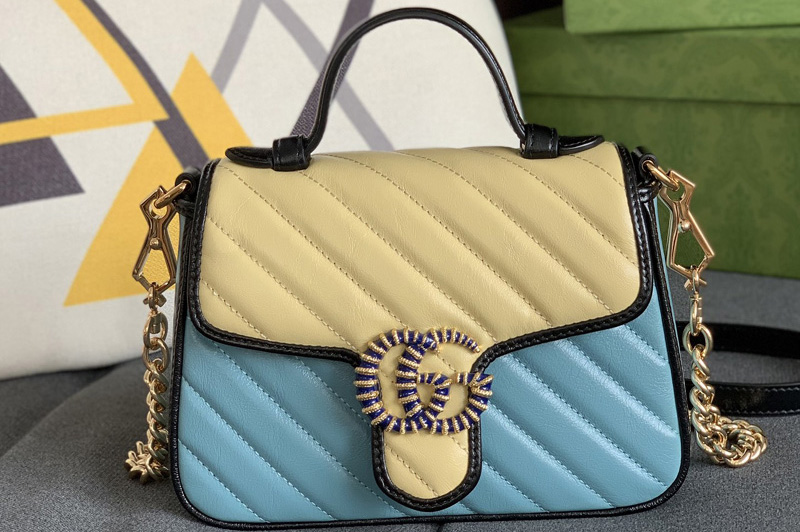 Gucci 583571 Online Exclusive GG Marmont mini bag in Pastel blue and butter diagonal matelassé leather