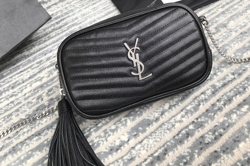 Saint Laurent 585040 YSL Lou Mini Camera Bag in Black Matelasse Leather With Silver Chain