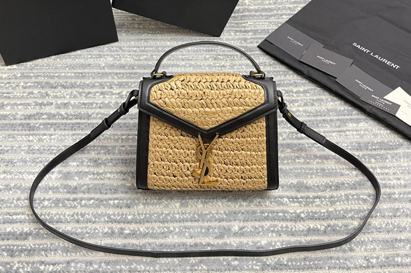 Saint Laurent 602716 YSL cassandra mini top handle bag in raffia and leather