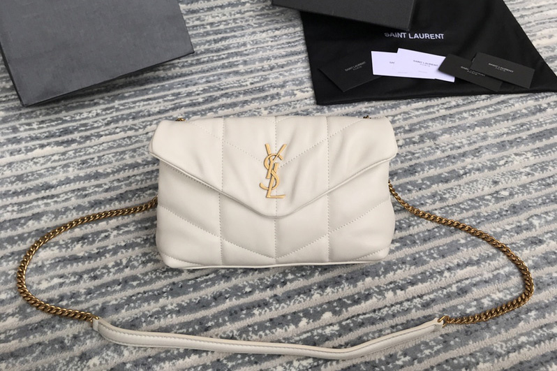 Saint Laurent 620333 YSL Puffer Mini Bag in White Quilted Lambskin Leather With Gold Chain