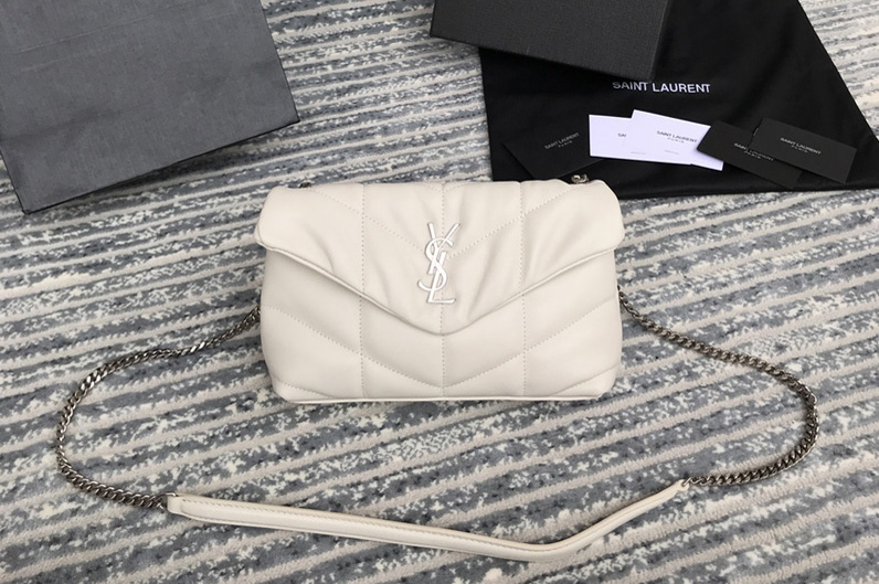 Saint Laurent 620333 YSL Puffer Mini Bag in White Quilted Lambskin Leather With Silver Chain