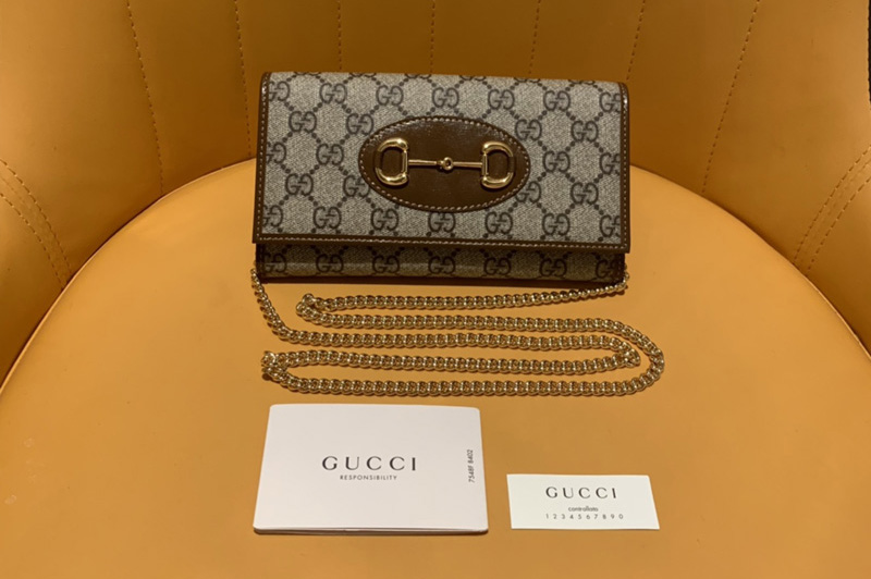 Gucci ‎621888 Horsebit 1955 zip around wallet With Chain in Beige/ebony GG Supreme canvas With Brown Leather