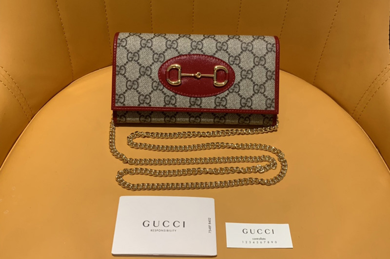 Gucci ‎621888 Horsebit 1955 zip around wallet With Chain in Beige/ebony GG Supreme canvas With Red Leather