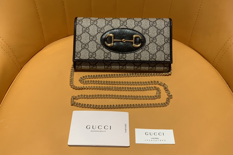 Gucci ‎621888 Horsebit 1955 zip around wallet With Chain in Beige/ebony GG Supreme canvas With Black Leather