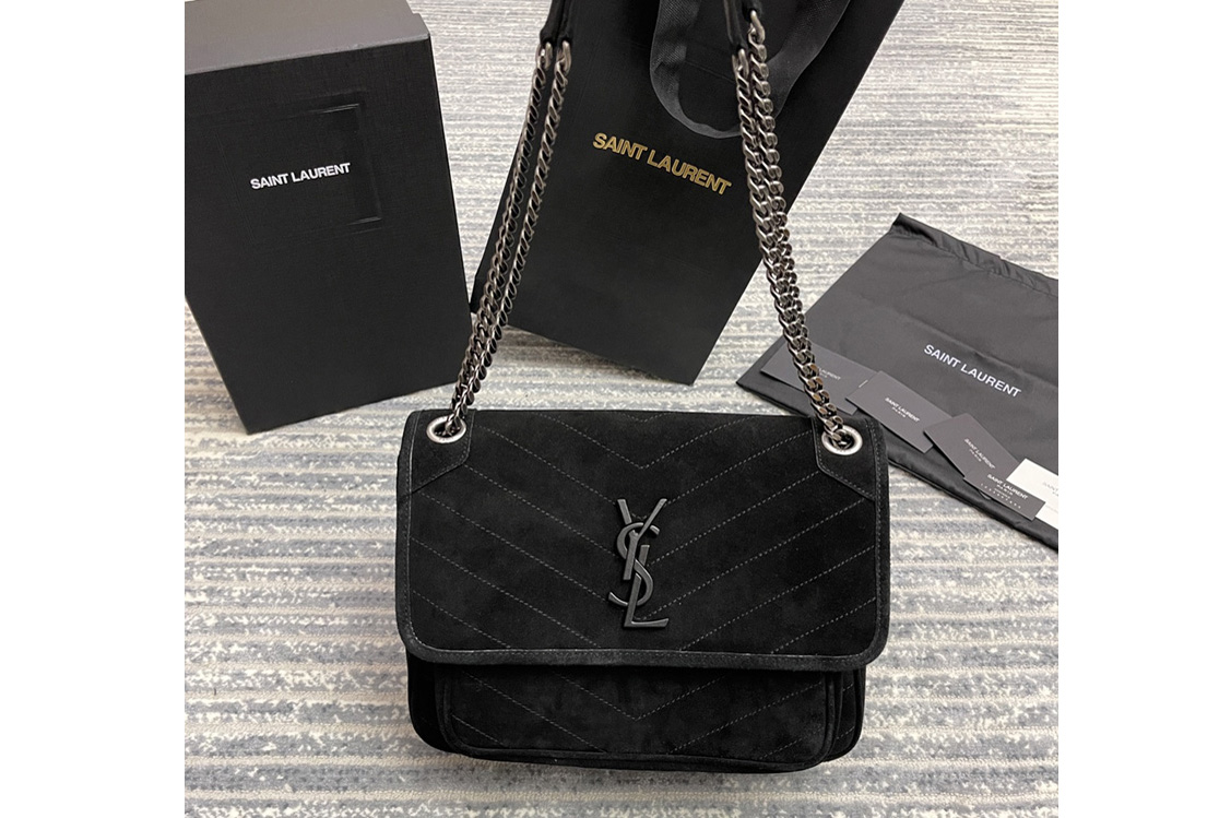 Saint Laurent 633158 YSL NIKI MEDIUM Bag in Black Y-QUILTED SUEDE With Silver Hardware