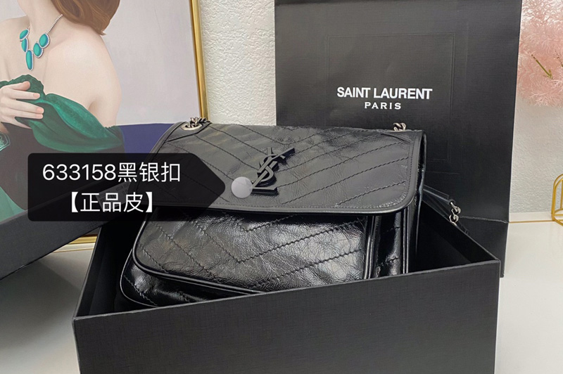 Saint Laurent 633158 YSL niki mediu bag in Black vintage crinkled leather