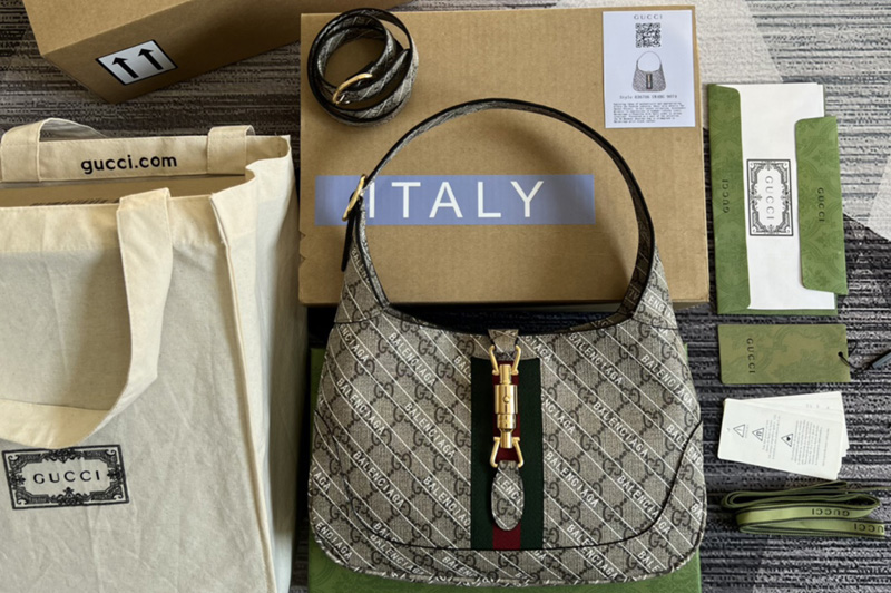 Gucci x Balenciaga 636706 The Hacker Project small Jackie 1961 bag in Beige and ebony GG Supreme canvas with white Balenciaga pr