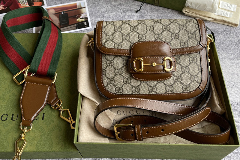 Gucci 658574 Gucci Horsebit 1955 mini bag in Beige and ebony GG Supreme canvas With Brown Leather